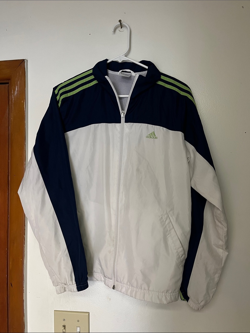 adidas White & Navy Windbreaker Jacket with Lime Green Stripes